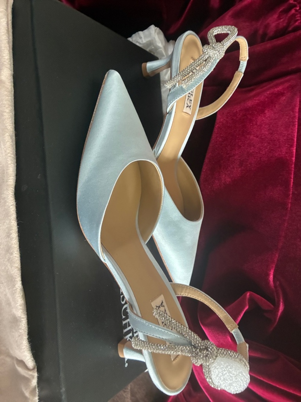 Badgley Mischka Pale Blue Satin Pointed-Toe Slingback Heels with Crystal Detail